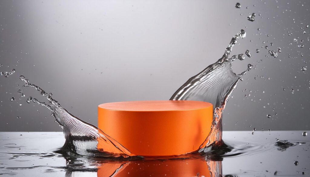 empty orange podium mockup with water splash on a gradient background for product display Stock Free