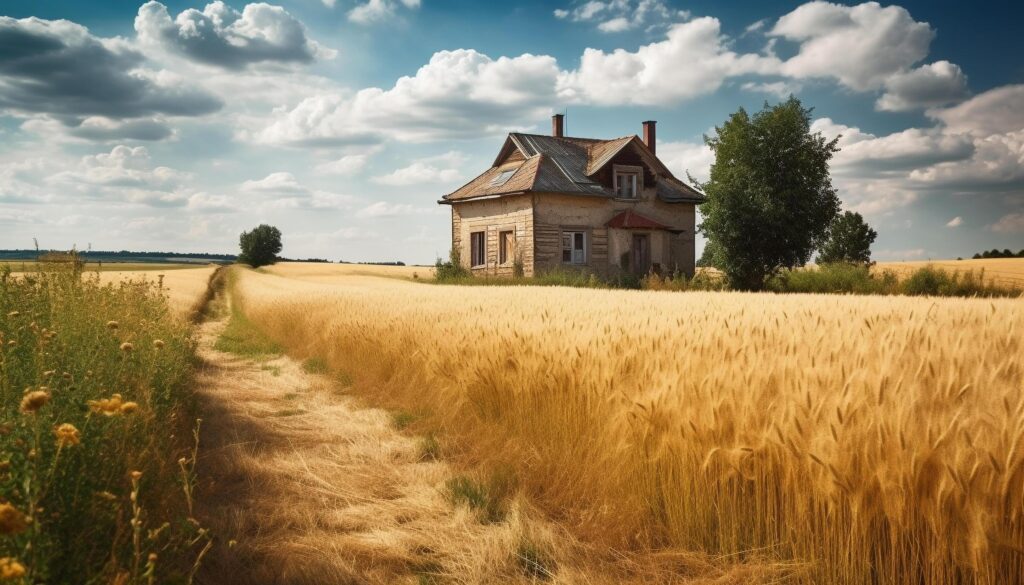 Rustic farmhouse in idyllic meadow, surrounded by wheat and nature generated by AI Stock Free