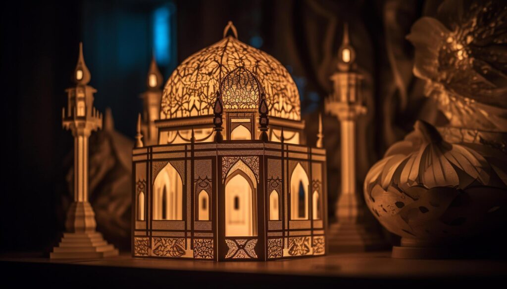 Ramadan lanterns illuminate old Arabic architecture in a spiritual celebration generated by AI Stock Free