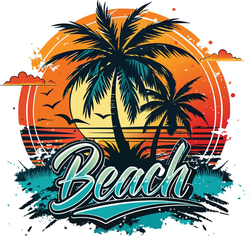 Palm tree, sun and lettering on grunge background. illustration. Free Vector