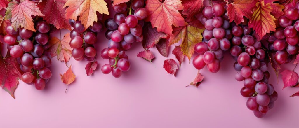 Red Grapes and Autumn Leaves on Pink Background Stock Free