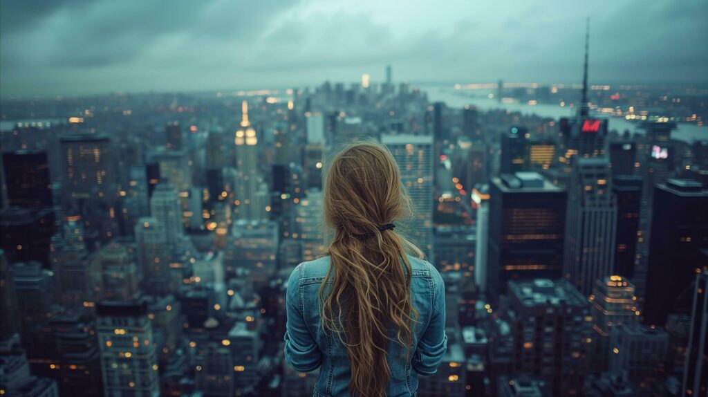 Young woman overlooking a bustling cityscape at dusk Free Photo