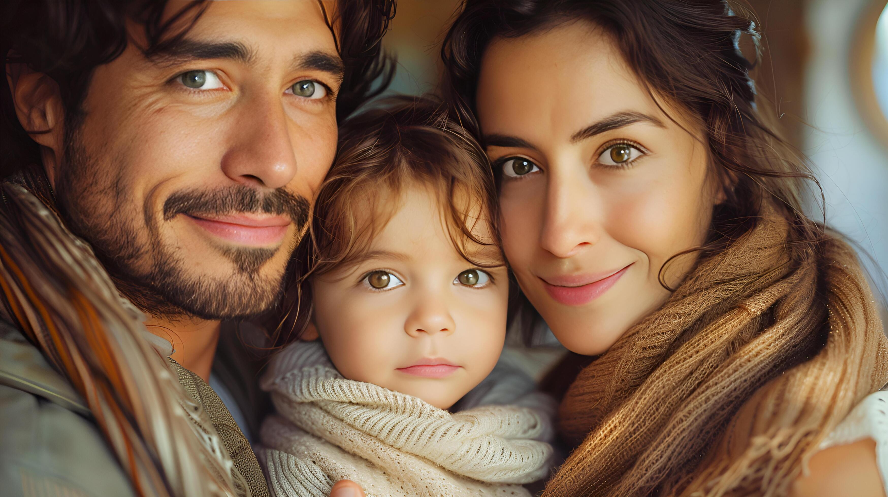 Portrait of a latin american family with parents and cute child toddler kid at happy home. AI-Generated Stock Free