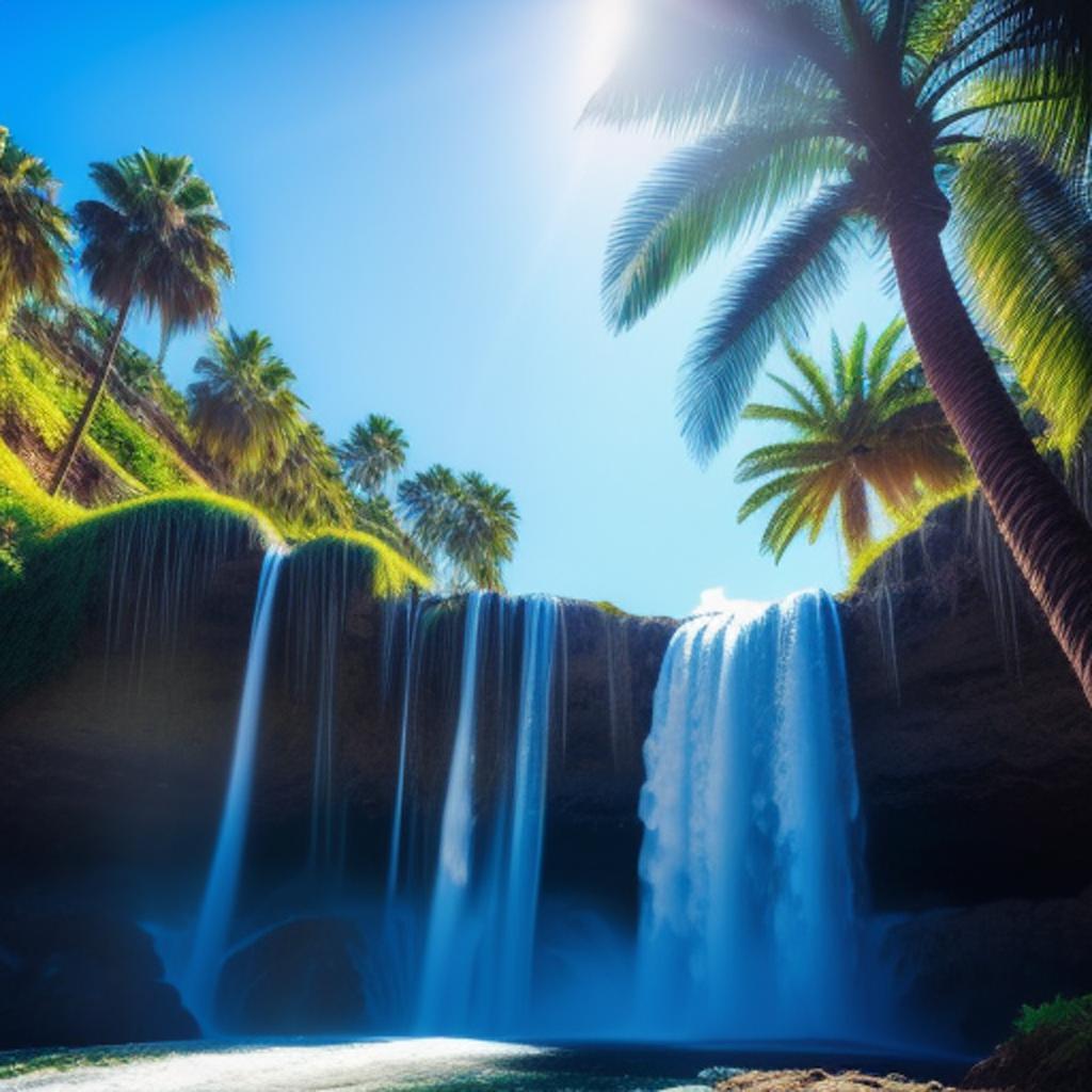 Waterfall, palm tree, clear by @ai_generated