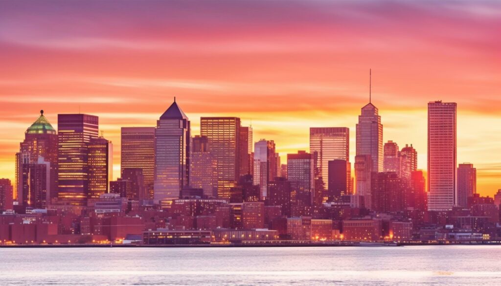 Vibrant skyline illuminates waterfront at dusk in financial district generated by AI Stock Free