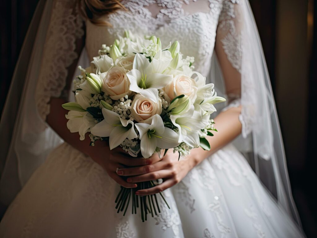 Close up shot of a bride holding a beautiful bouquet of flowers Stock Free