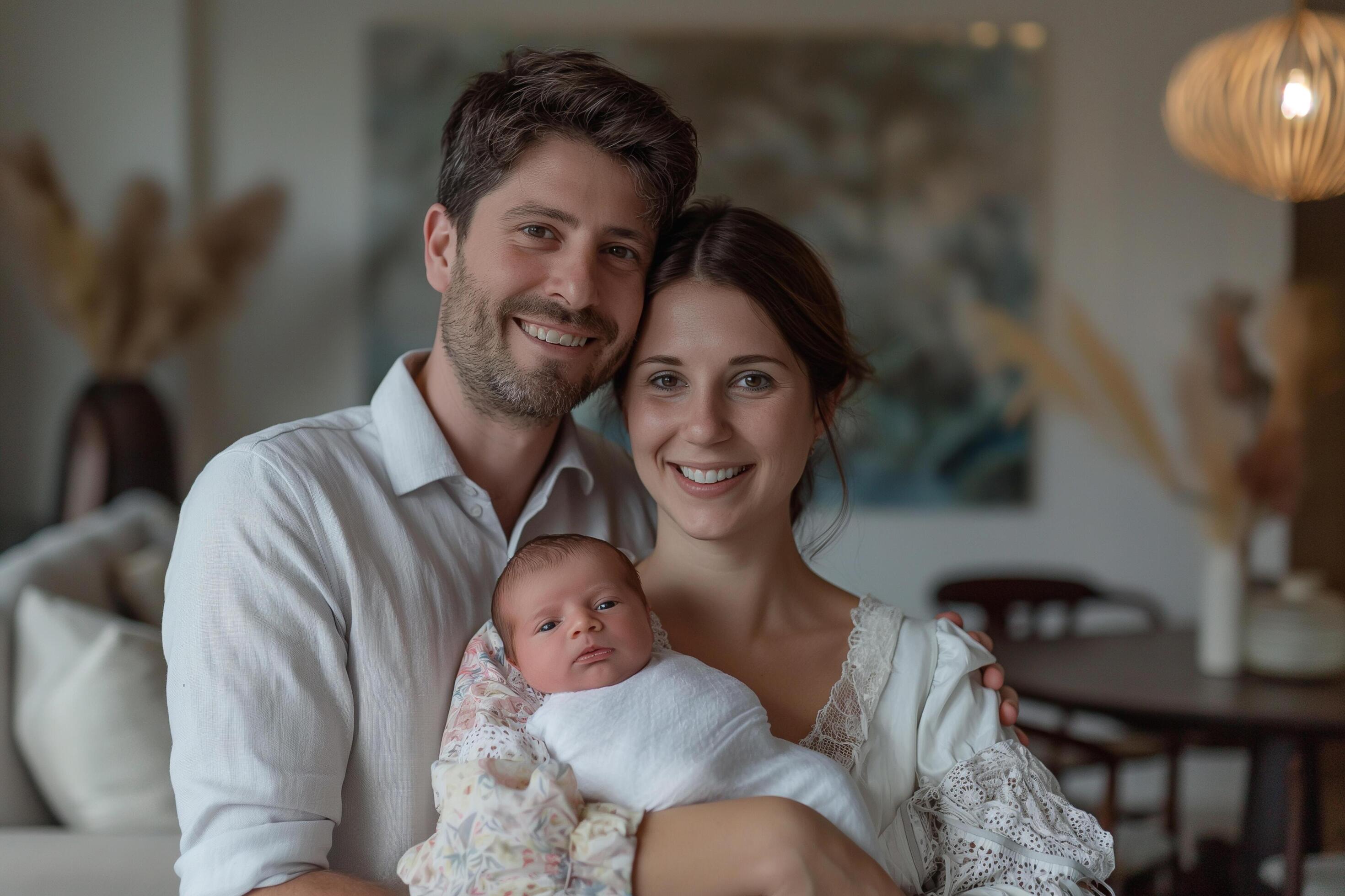 Tender family moment with new parents and their sleeping newborn Stock Free