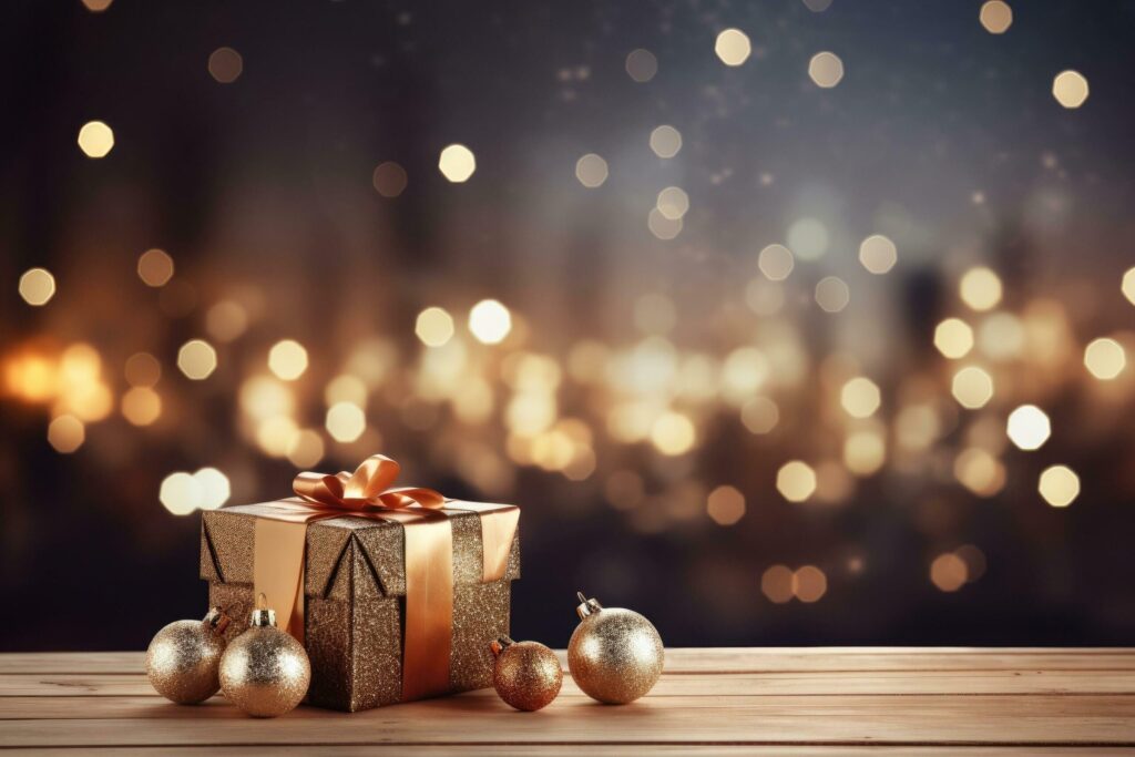 Christmas gift boxes on the floor Christmas tree branches and Christmas balls bokeh lights background. Generative AI Free Photo