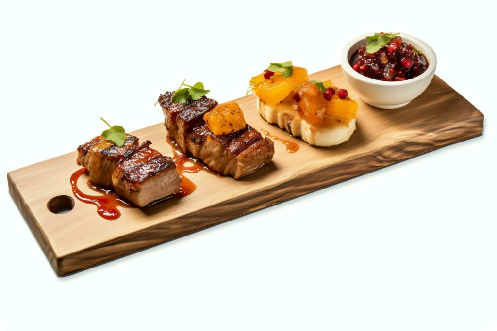 Pork belly braaivleis with mango and chili sauce served on a wooden plank. Restaurant food concept by AI Generated Stock Free