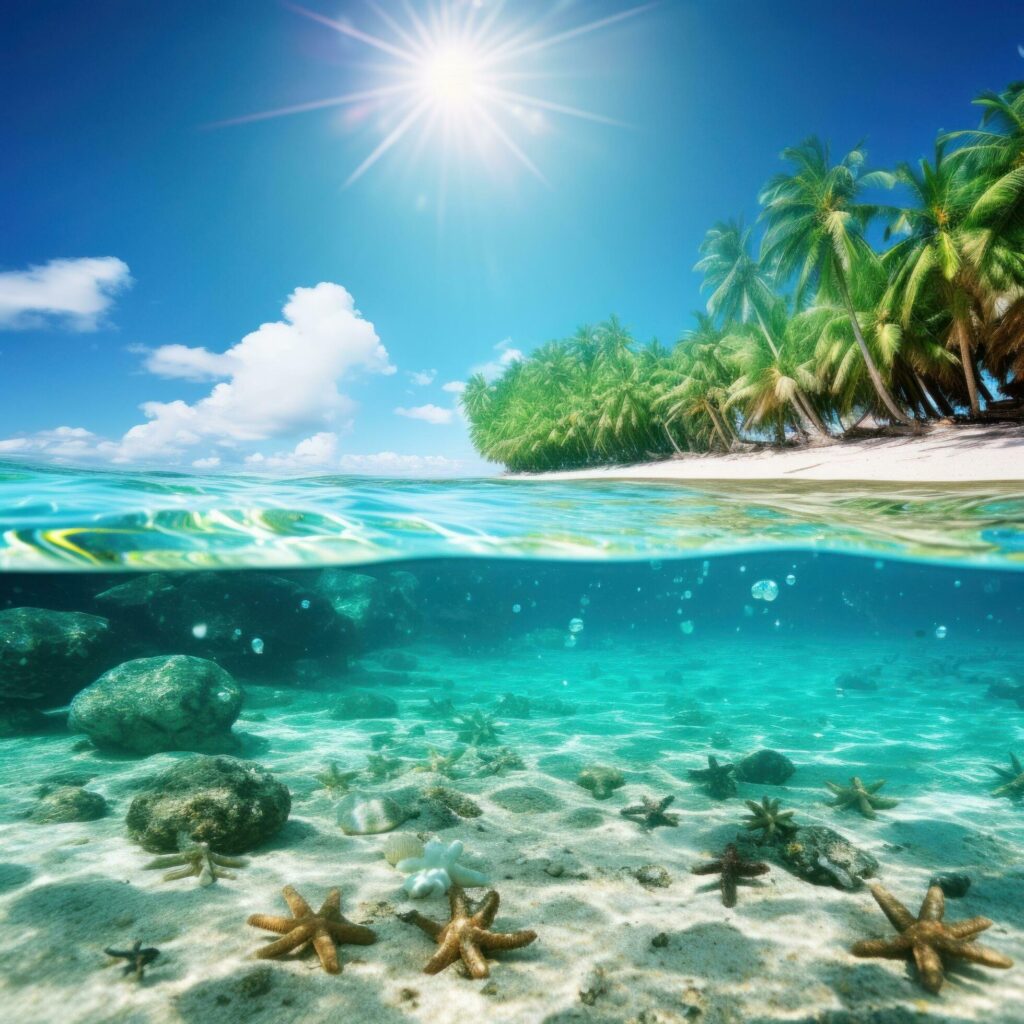 AI generated A vivid travel vacation background with lush greenery, crystal-clear waters Stock Free