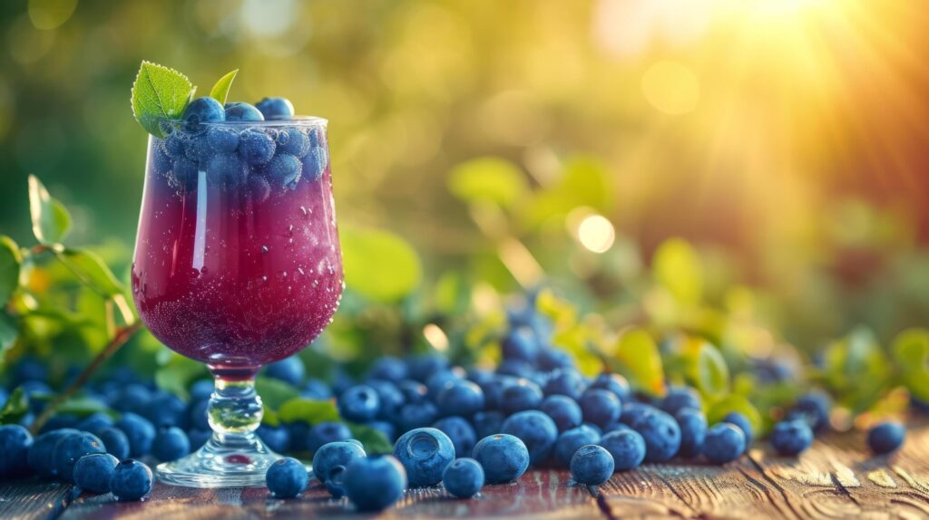 A glass with blueberry compote stands on a wooden table next to it Free Photo