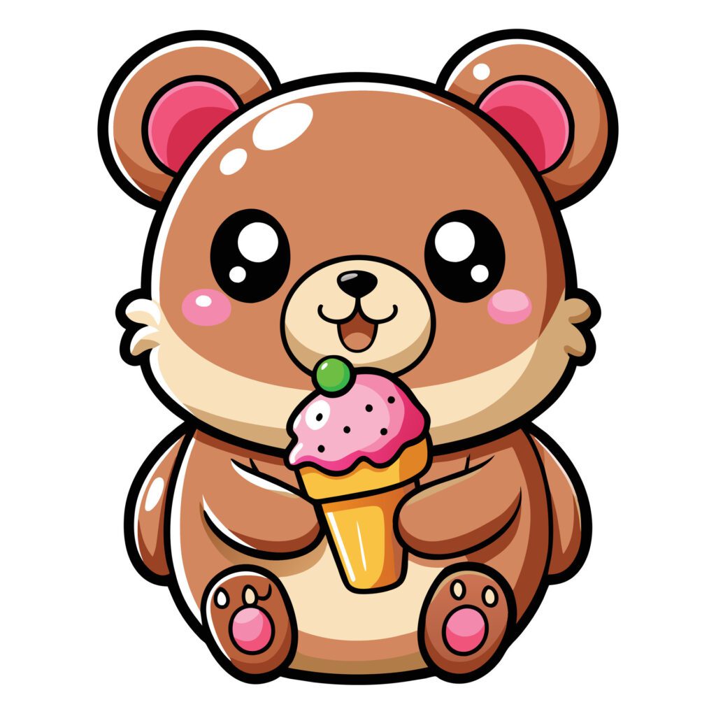 a cute kawaii bear eating ice cream, with clean black outlines, white background Free Vector