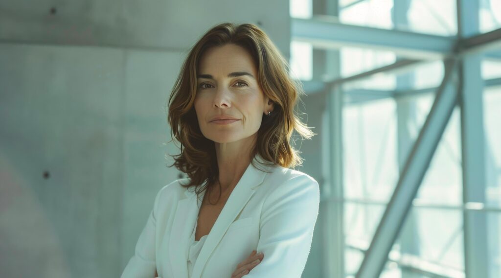 Woman in White Suit Standing in Office Stock Free