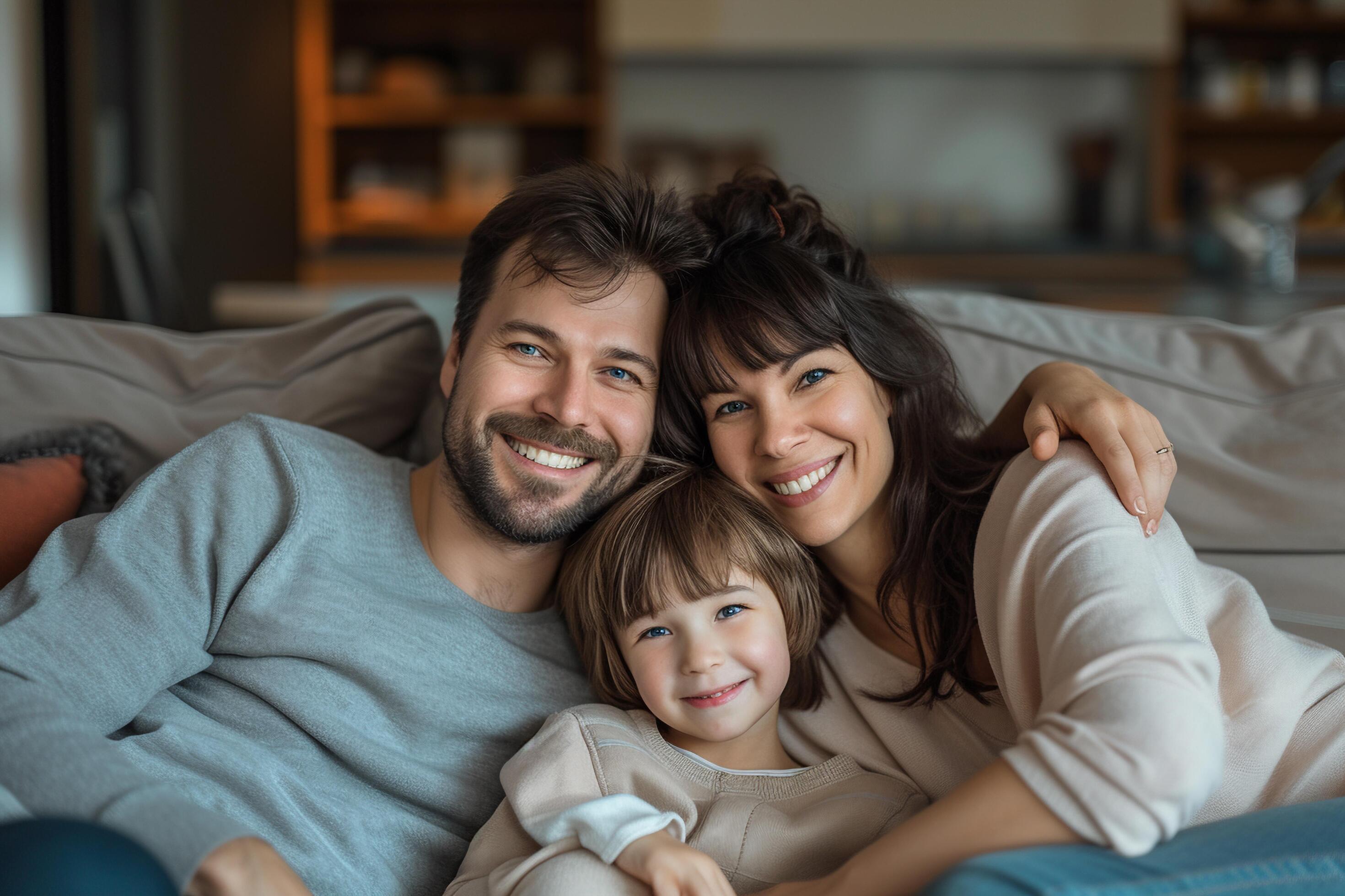 AI generated Portrait of a happy family at home. Father, mother and daughter are smiling. Stock Free