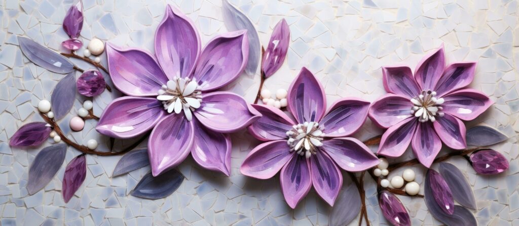 Mosaic clematis flower on handmade tile wall for interior design Stock Free