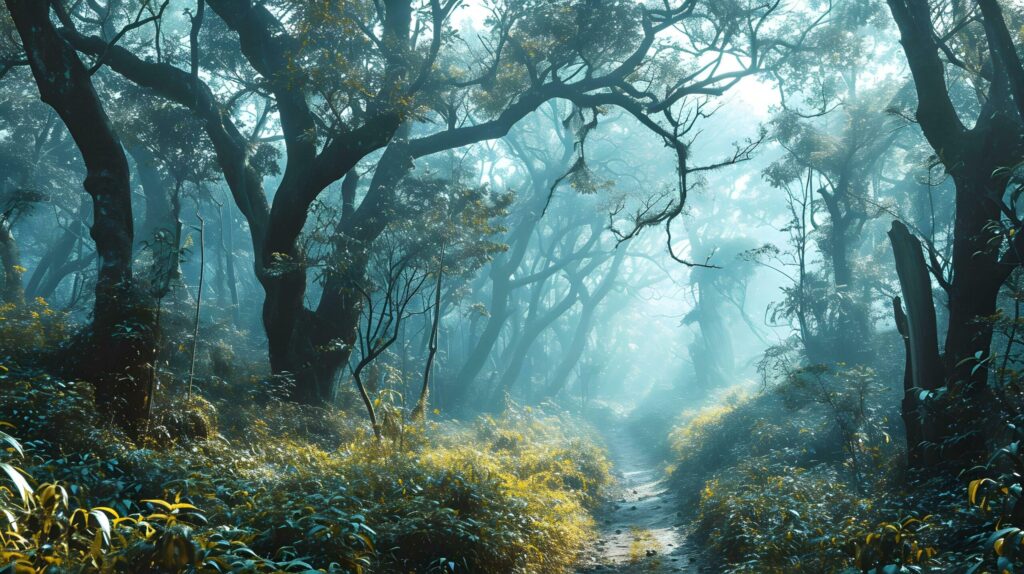 Mystical Journey Along a Shrouded Forest Path Free Photo