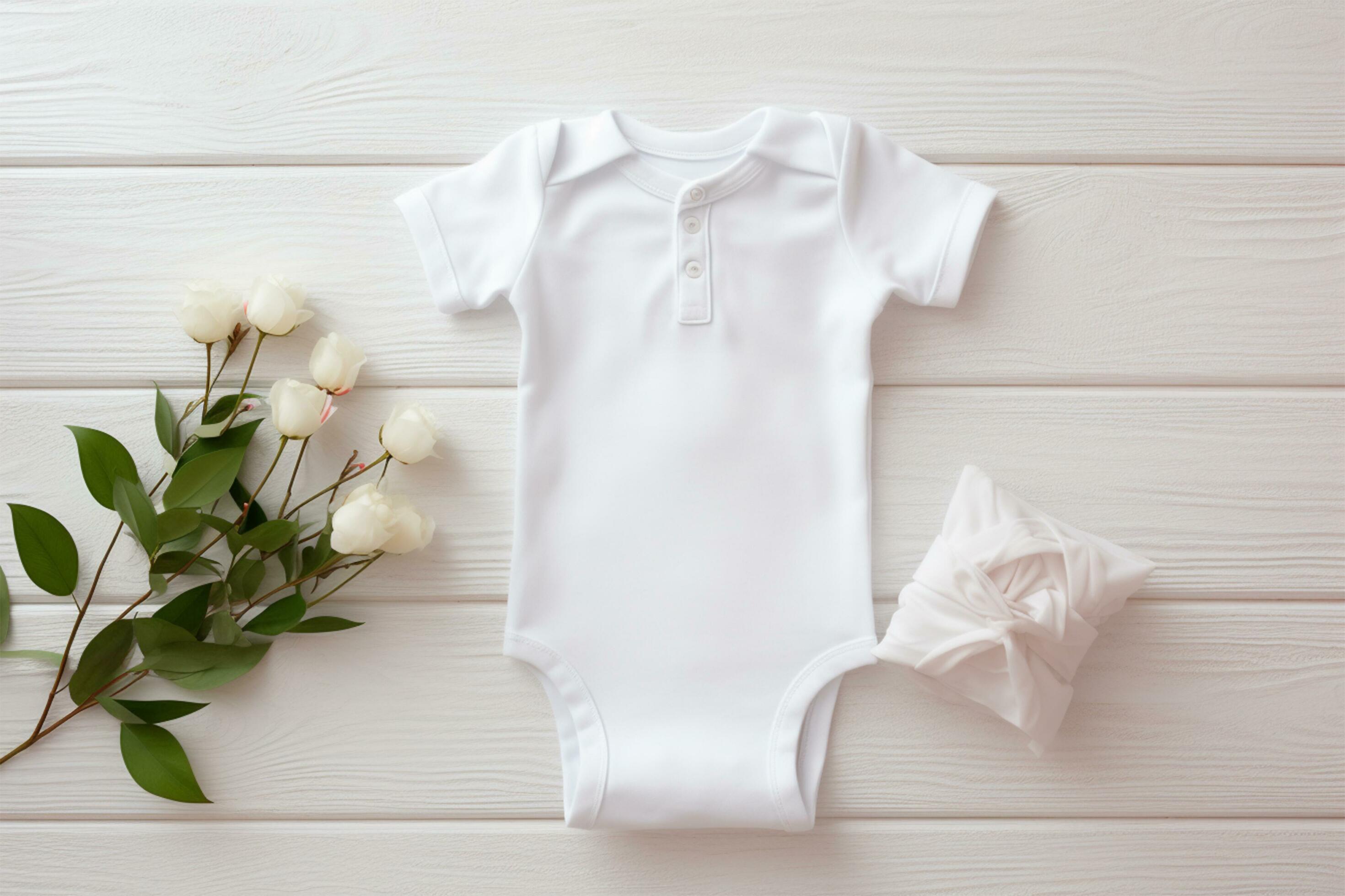 White baby bodysuit and flowers on white wooden background, top view AI Generated Stock Free