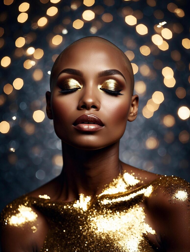 Bald black model with closed eyes, her eyelids and body shimmering with gold glitter makeup, on a beautiful shimmering bokeh background Stock Free