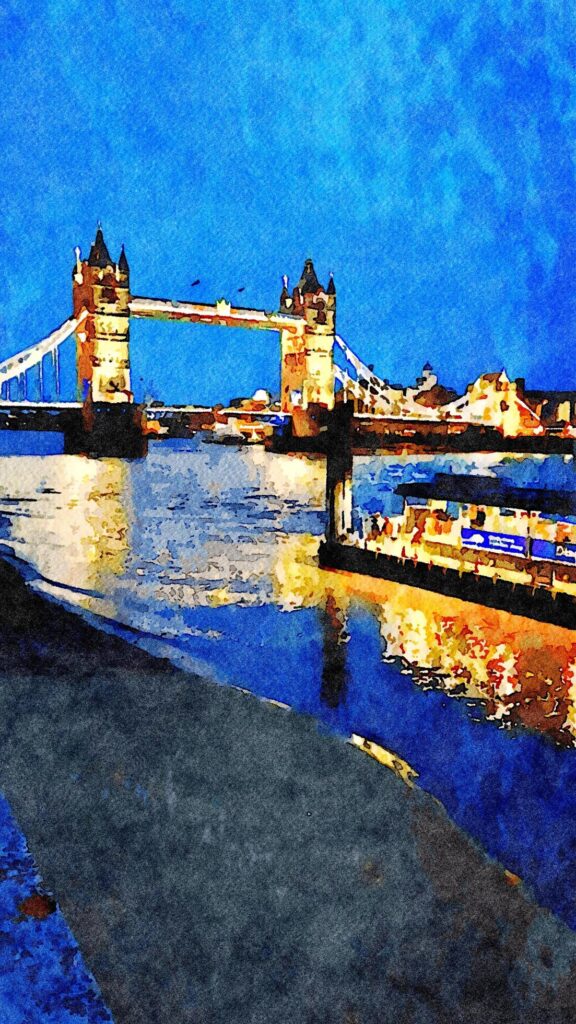 A nocturnal glimpse of the famous London Bridge in England. Digital watercolor style. Stock Free