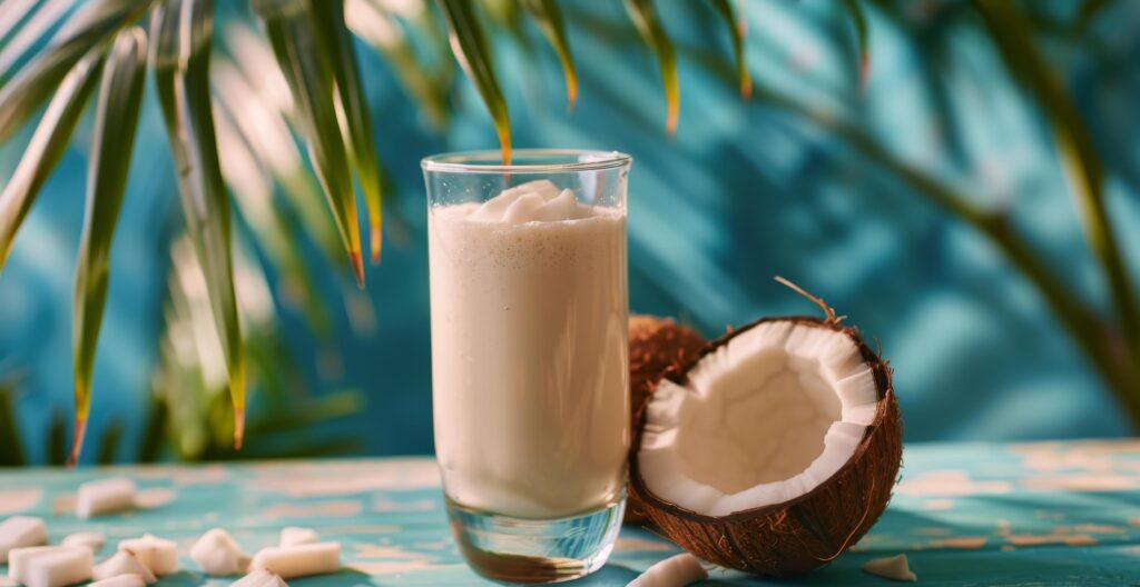 Fresh Coconut Milk Drink With Coconut Half on Blue Background Stock Free