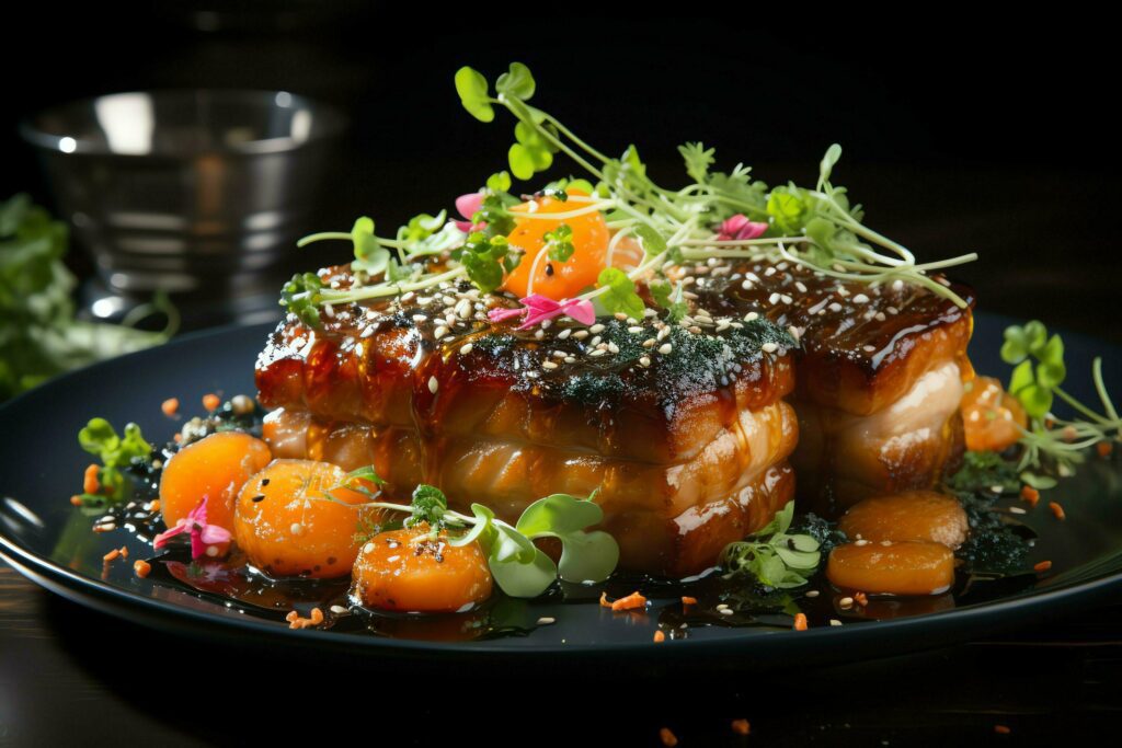 A delicious crispy pork belly fancy on plate. Restaurant food and asian cuisine concept by AI Generated Stock Free