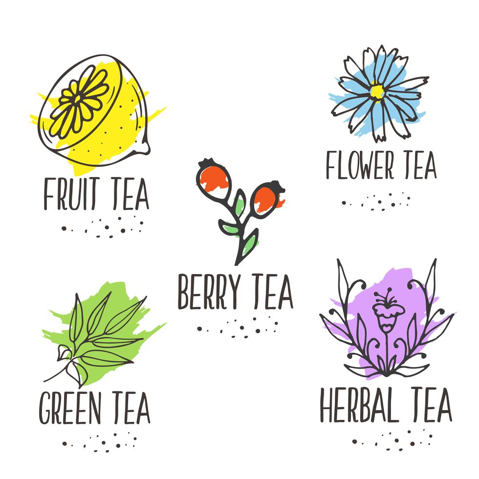 Herbal tea logo elements collection. Organic herbs and wild flowers. Stock Free