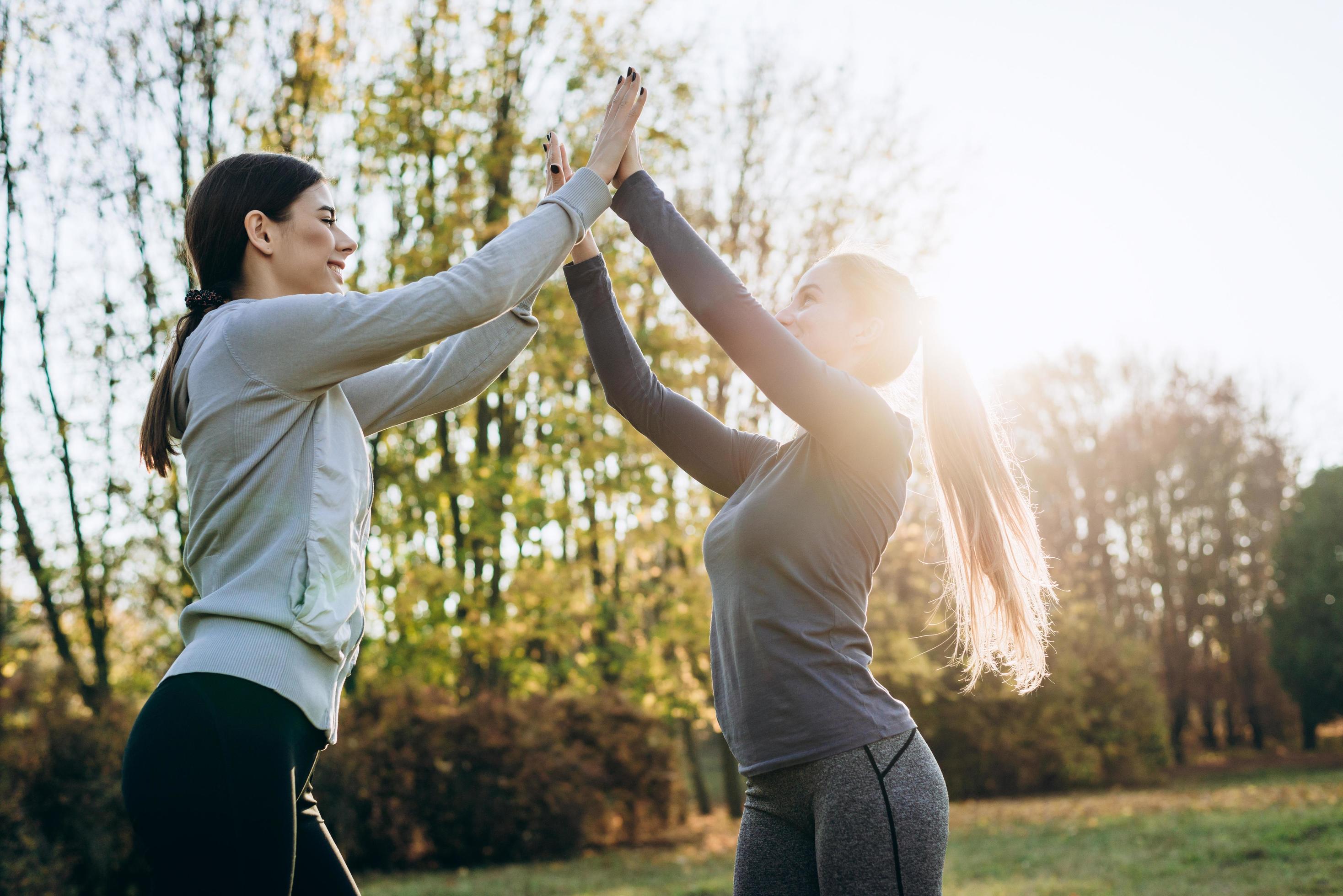 Young girls raising their hands up, jointly perform gymnastic exercises, the conception of a healthy lifestyle. Stock Free