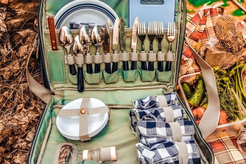 Picnic Blanket Hamper Utensils Stock Free