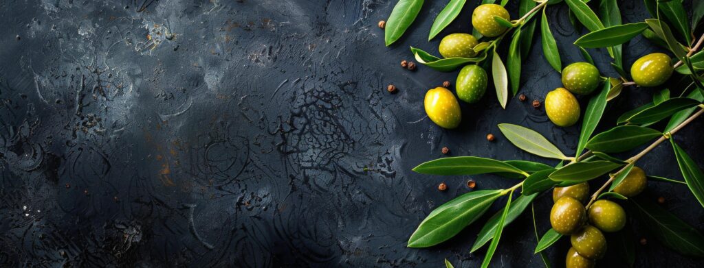 Fresh Green Olives and Sprigs on Dark Background Stock Free