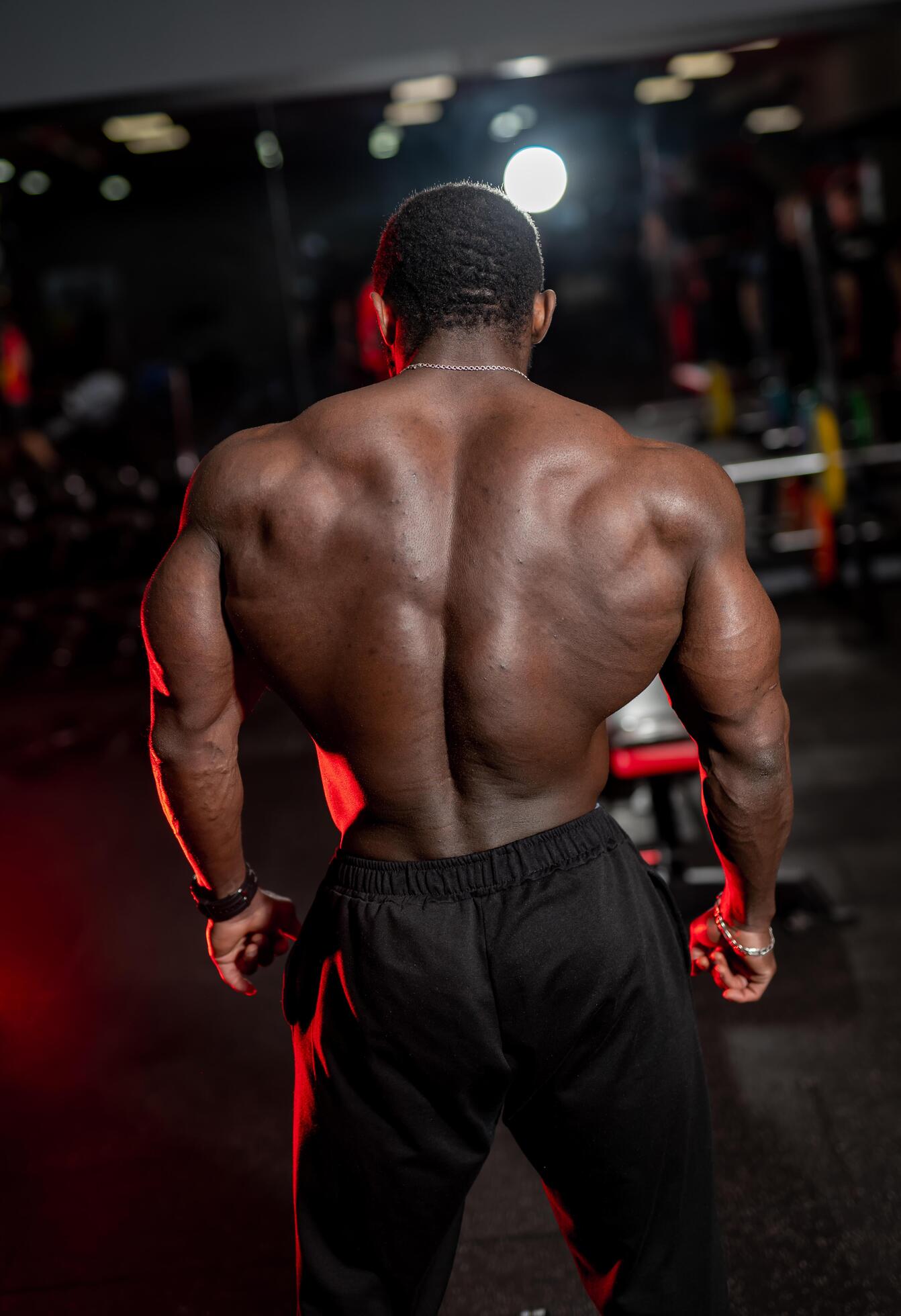 High and shirtless man poses with very muscular back to the camera. African american bodybuilder with perfect body. Dark gym background. Stock Free