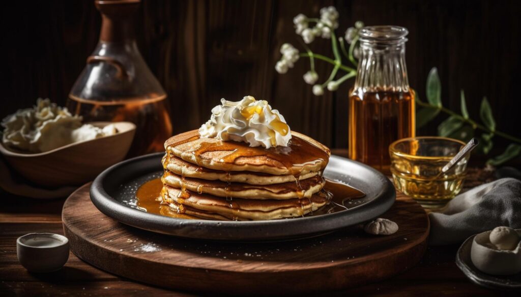 A stack of homemade pancakes with honey and fresh fruit generated by AI Free Photo