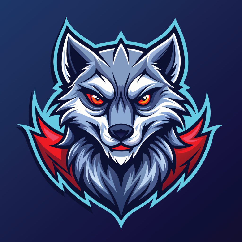 A wolfs head with red eyes stands out against a vibrant blue background, wolves mascot esport logo character design Free Vector