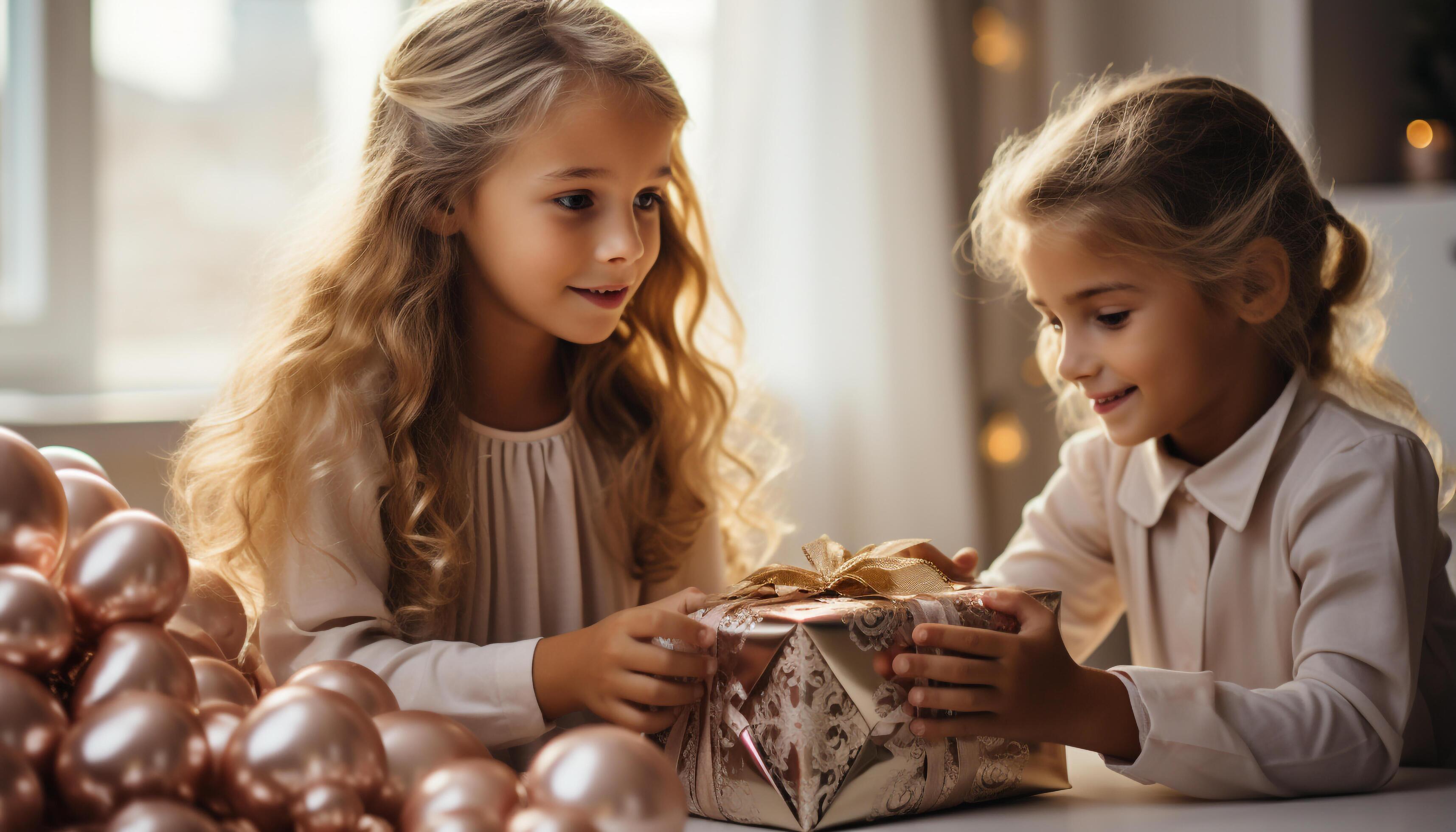 AI generated Two cute girls smiling, celebrating Christmas with family indoors generated by AI Stock Free