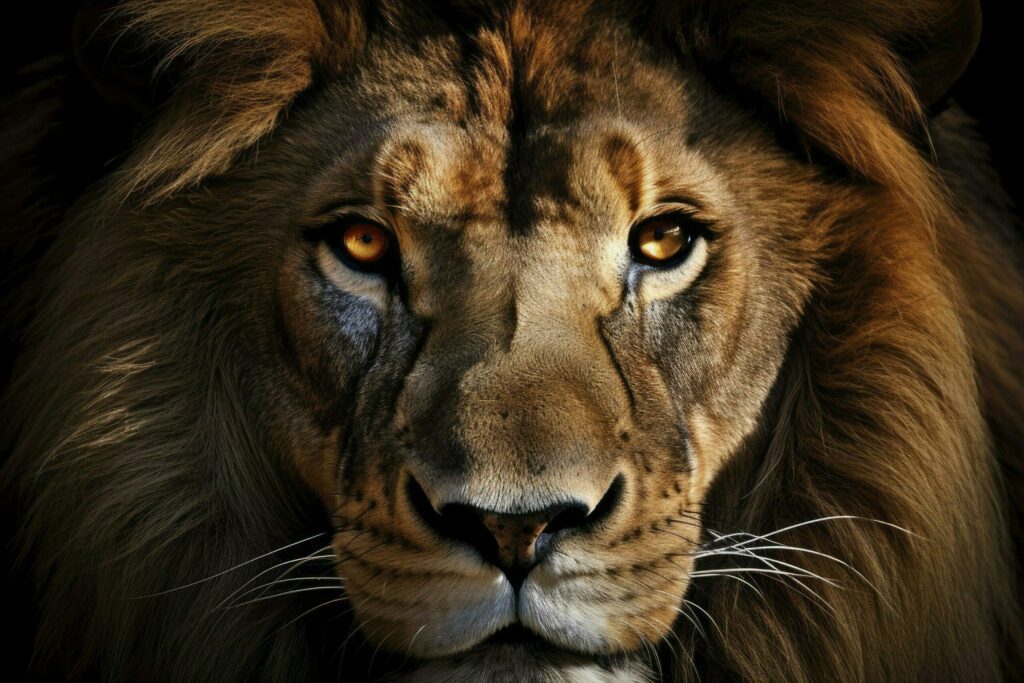 Banner with close-up portrait of a lion with brown eyes and nose Free Photo