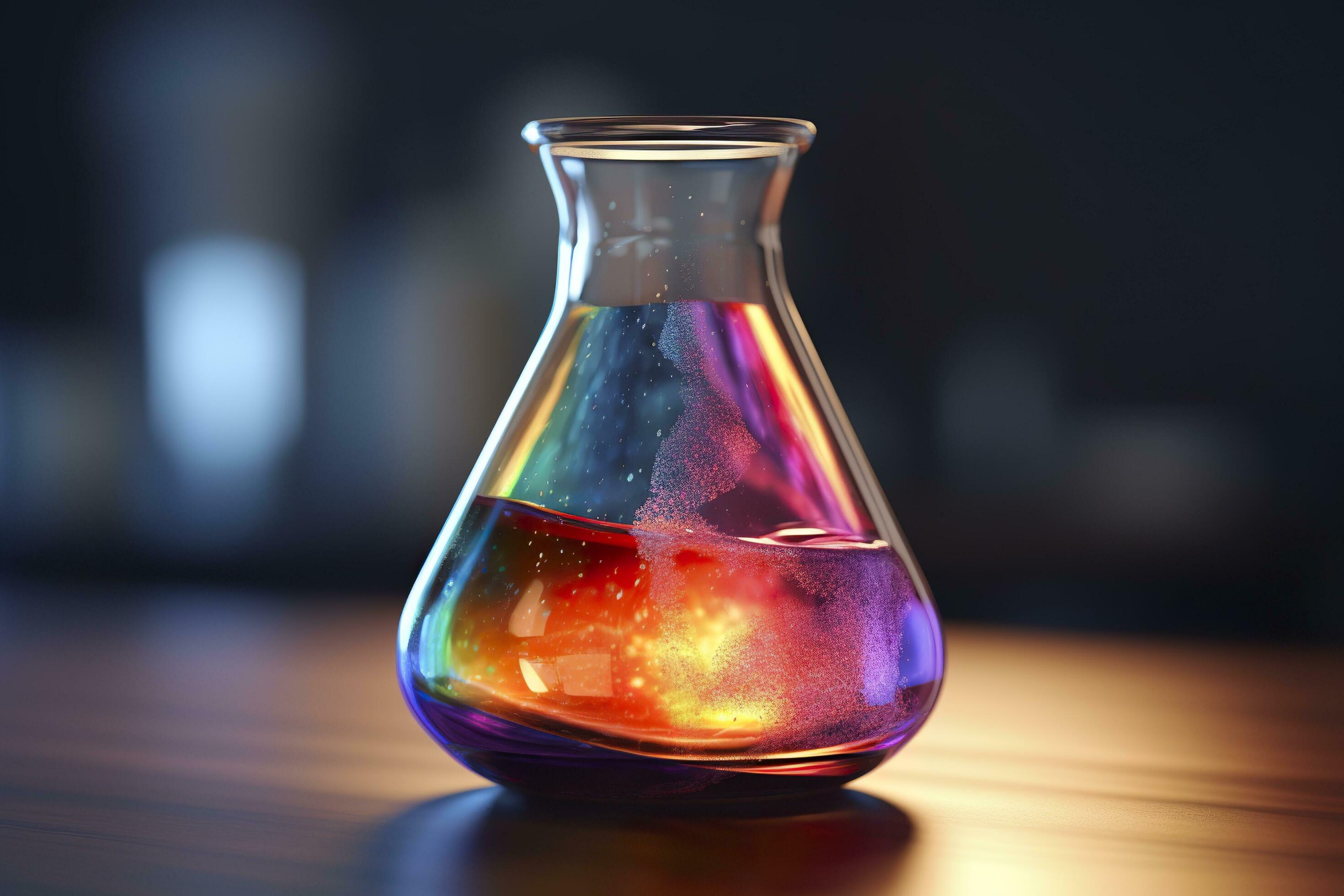 Close Up of a Science Beaker Filled with Multi Colored Liquids. AI Generative Stock Free