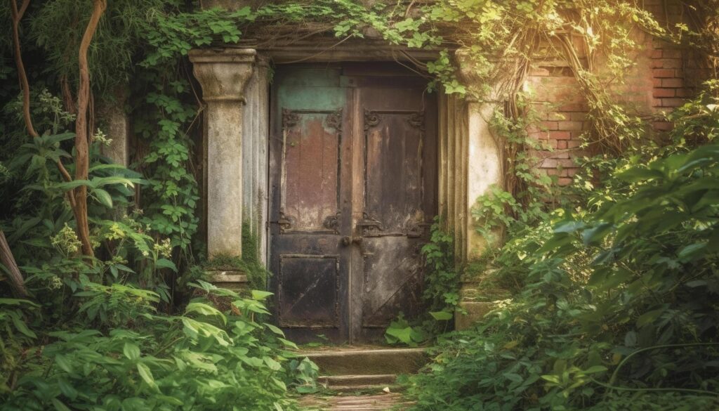 Abandoned rustic entrance to ancient building, overgrown with nature generated by AI Stock Free