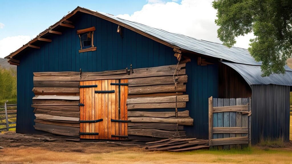 3d rendering of a blue barn with wooden door and barns. Stock Free