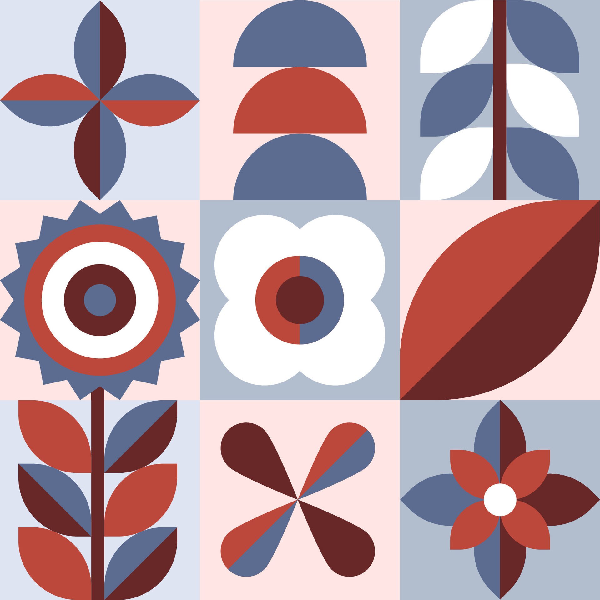 Geometric plants, natural pattern in tiles, decorative abstract art with flowers and leaves, banner, wallpaper. Free Vector