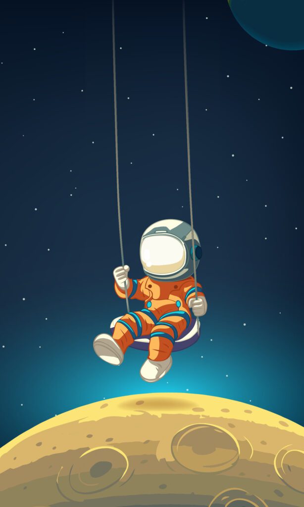 Vertical illustration of astronauts swinging in space with stars and planets in the background Free Vector