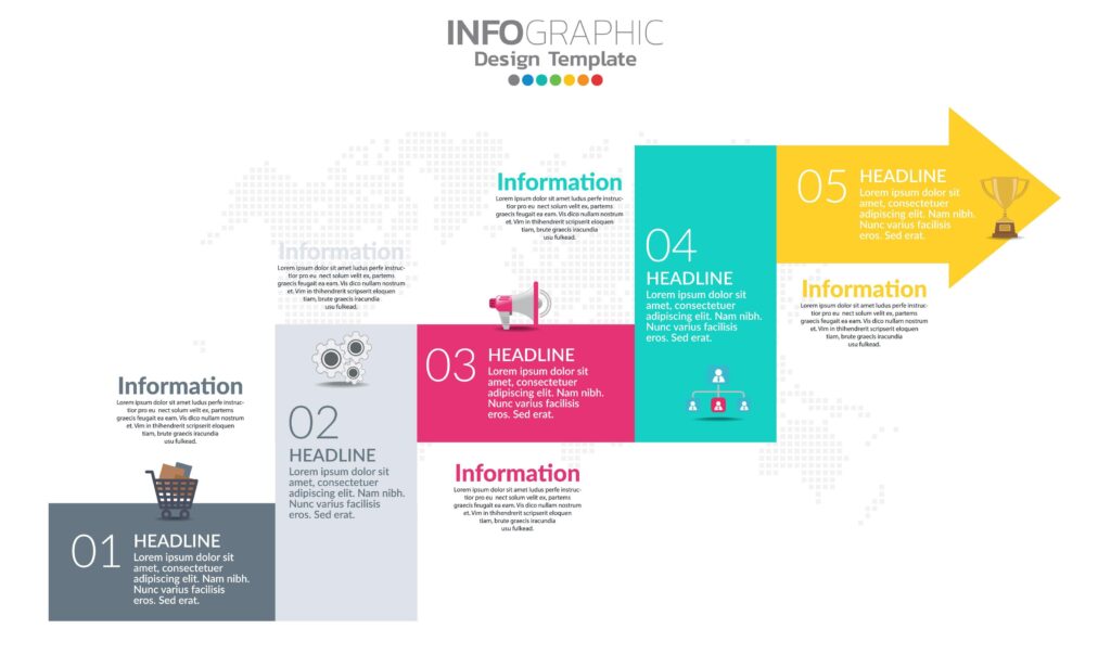 Timeline infographic template with arrows and 7 options flat design Stock Free