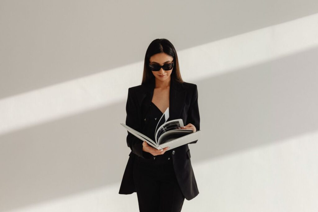 Dark Classy Aesthetic Fashion – Beautiful Asian Female Entrepreneur in Black Suit – Technology and Devices – iPhone – Laptop – AirPods Stock Free