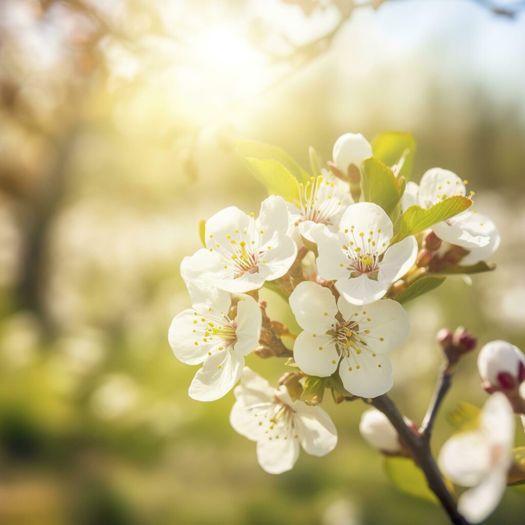 Spring blossom background. Nature scene with blooming tree and sun flare. Spring flowers. Beautiful orchard , generat ai Stock Free