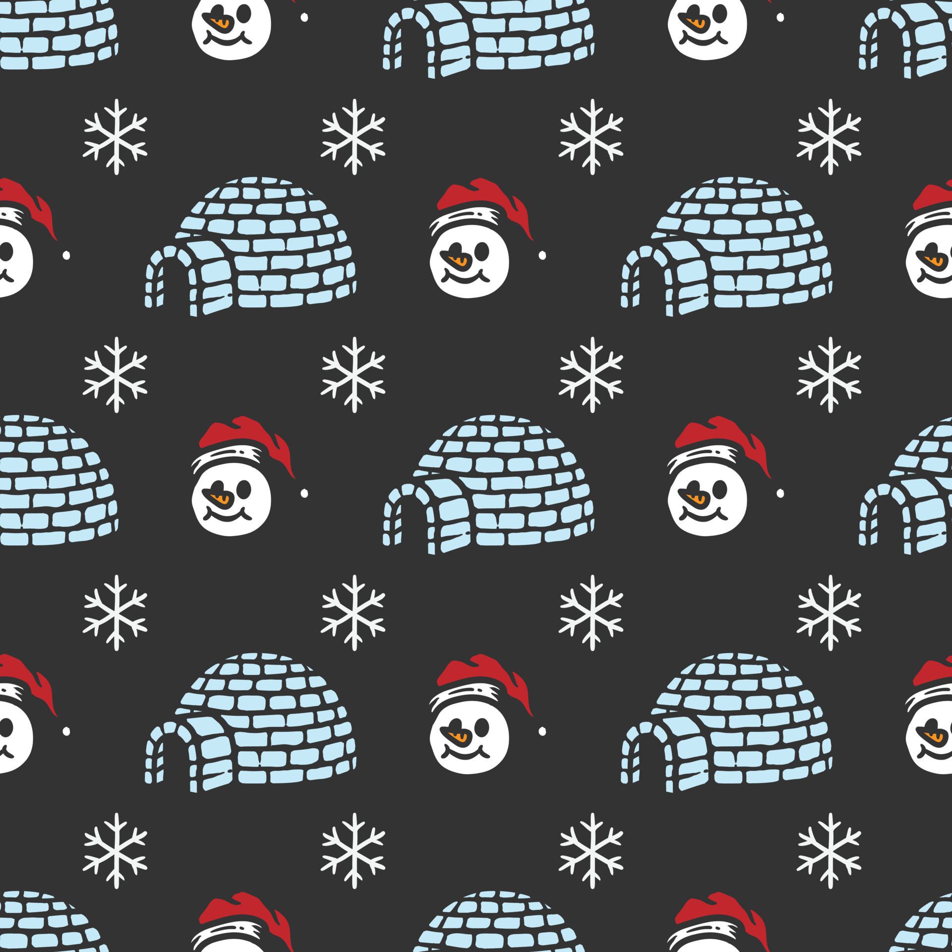 winter seamless pattern with snowman igloo house and snowflakes Free Vector