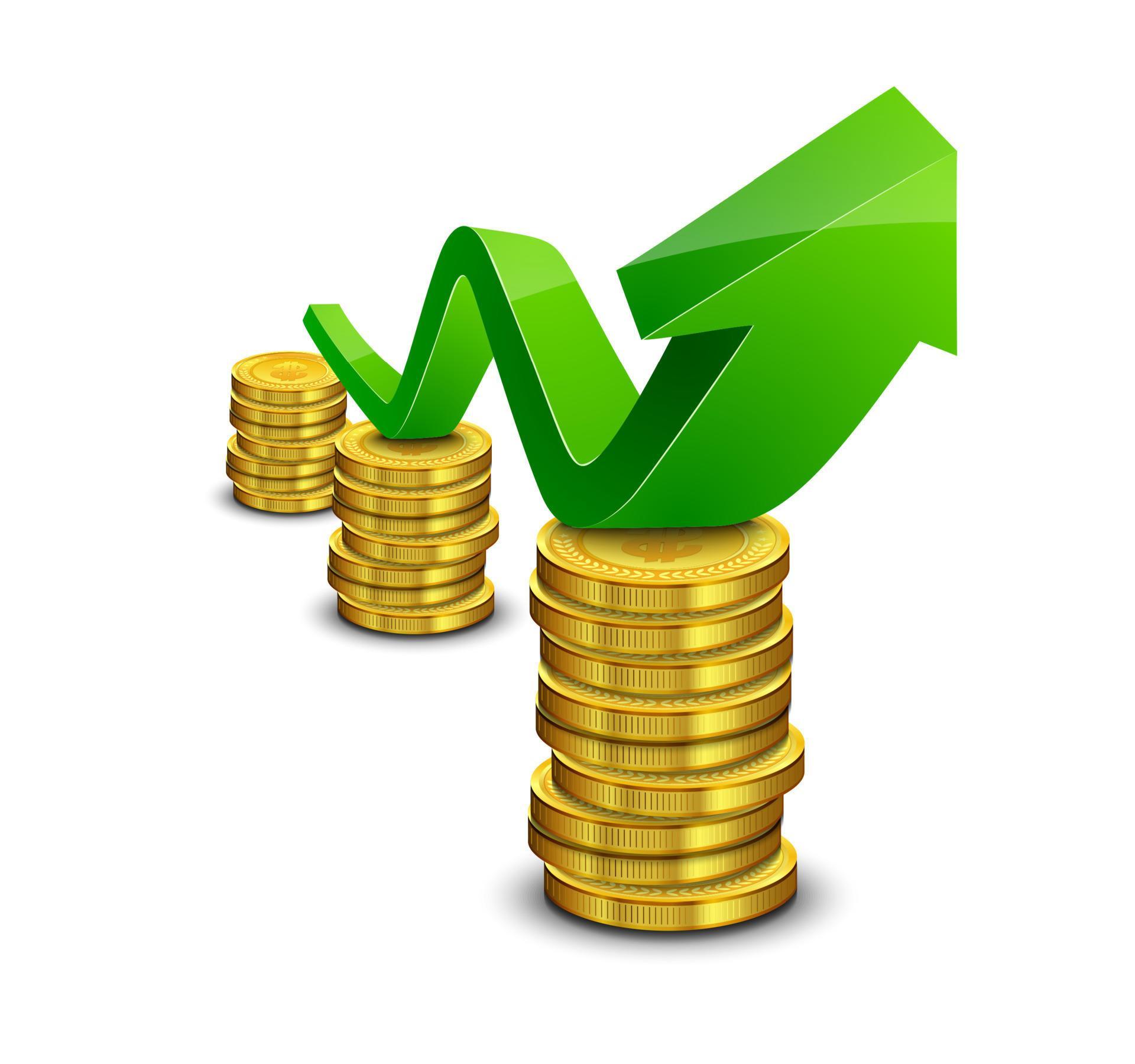 Pile of coin with green rising graph with upward arrow Stock Free