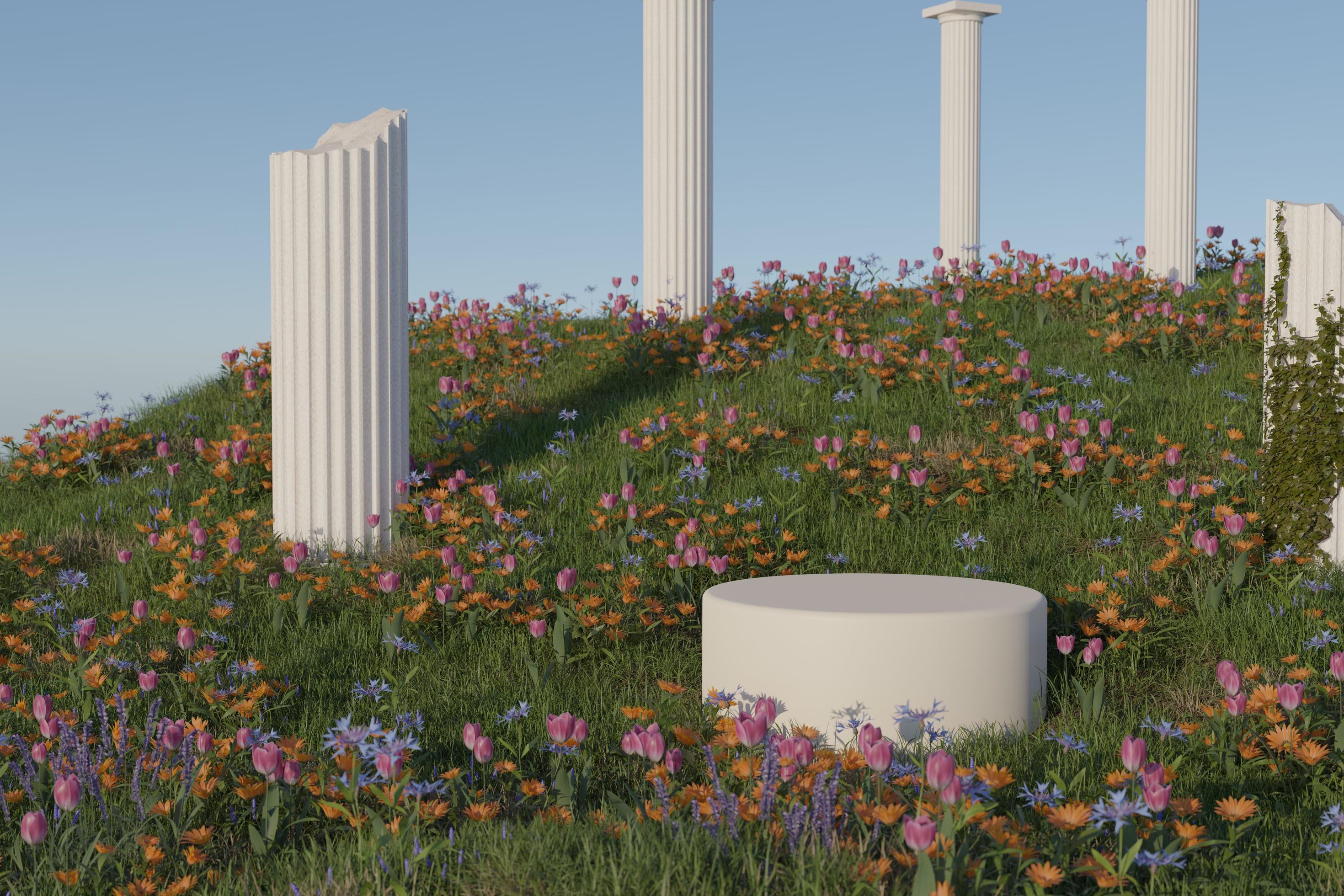 Empty product podium with spring flower field 3D render illustration Stock Free