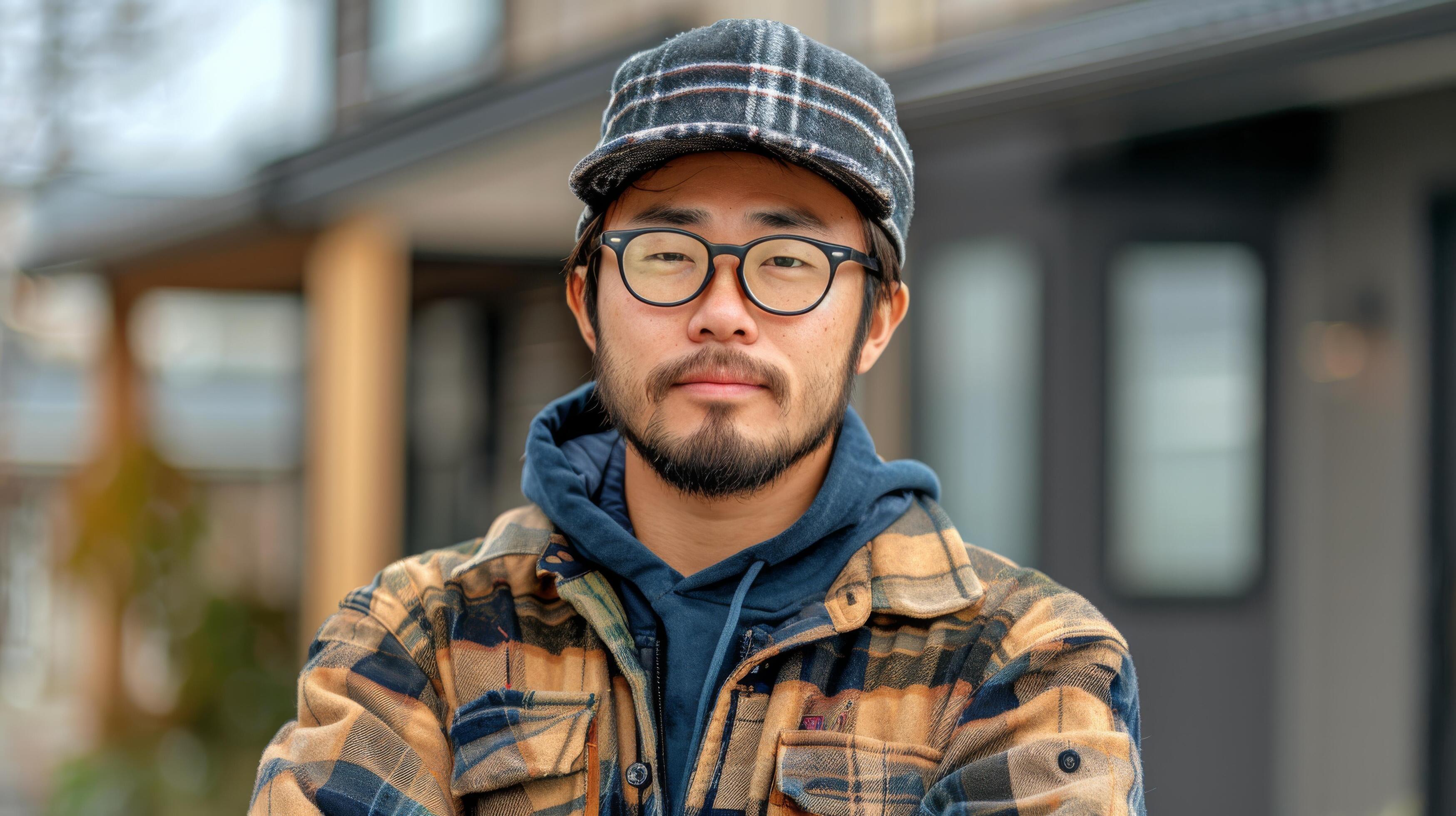 Man With Glasses and Hat Standing in Front of Store Stock Free