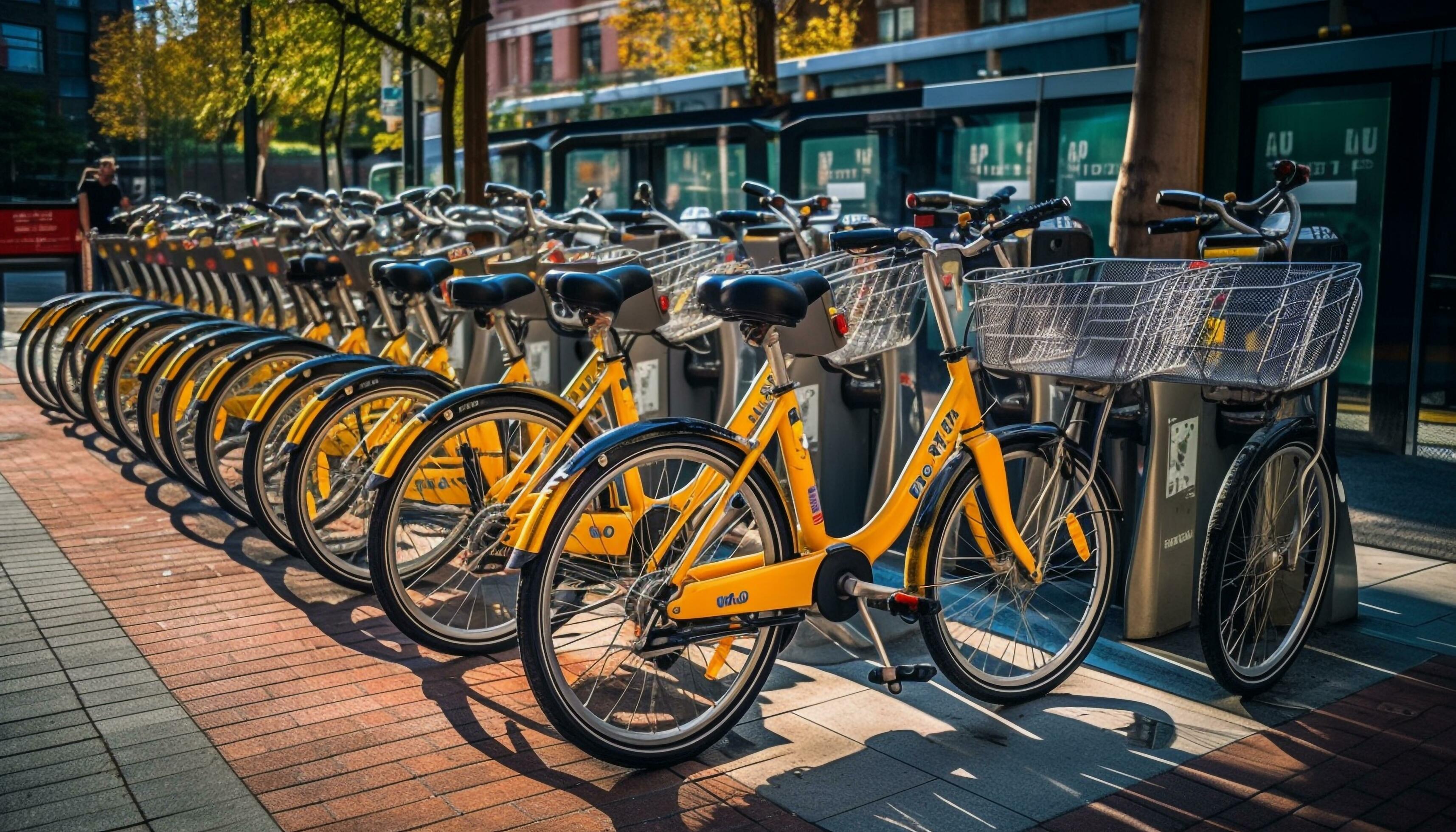 Row of bicycles parked at transportation station generated by AI Stock Free