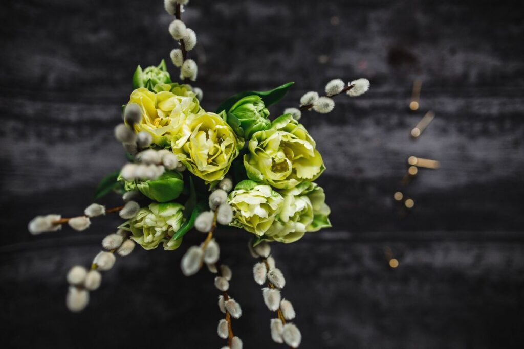 Close-ups of little yellow flowers and catkins in a glass jar Stock Free