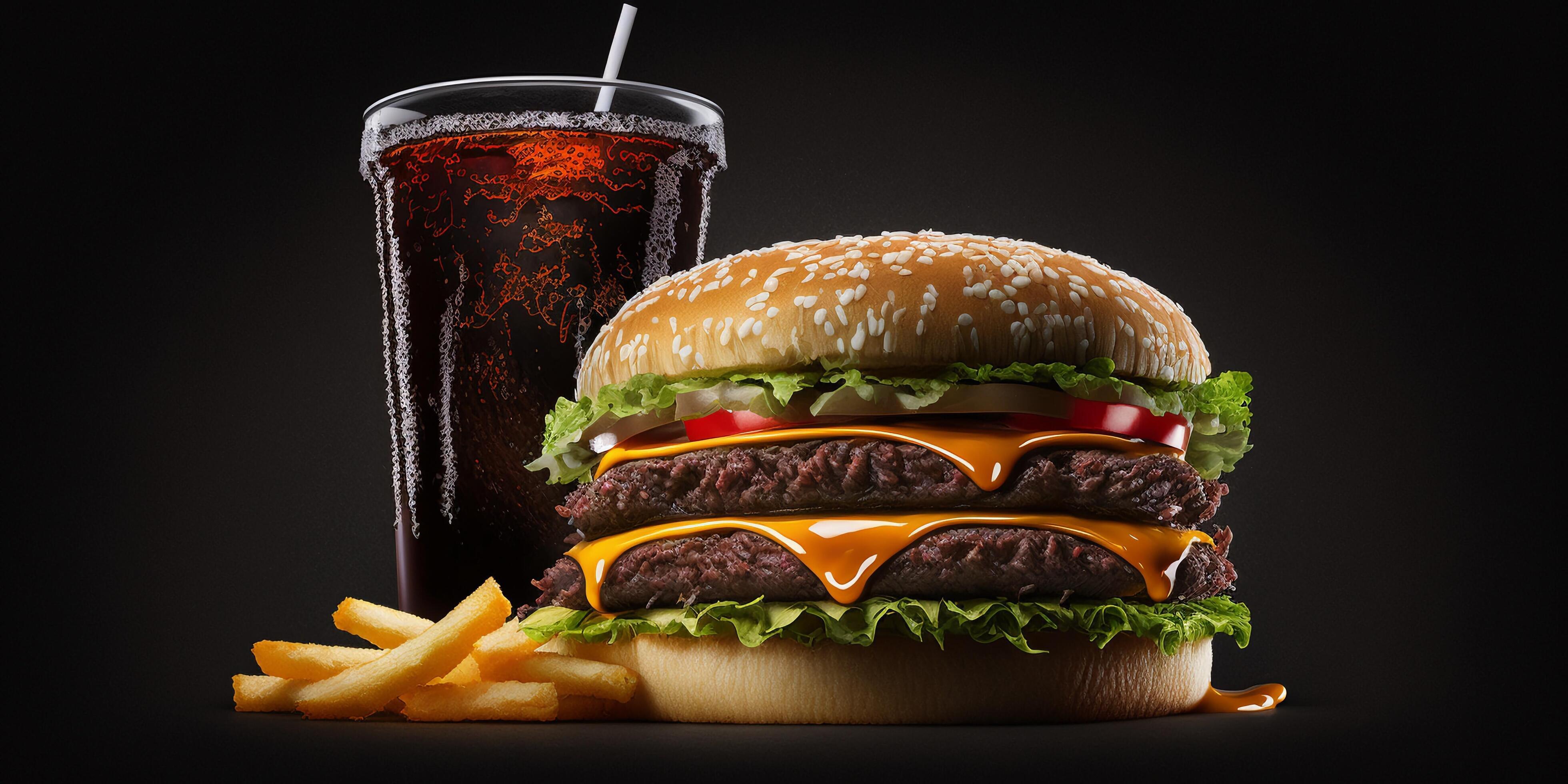 The fast food meal in the black background with . Stock Free