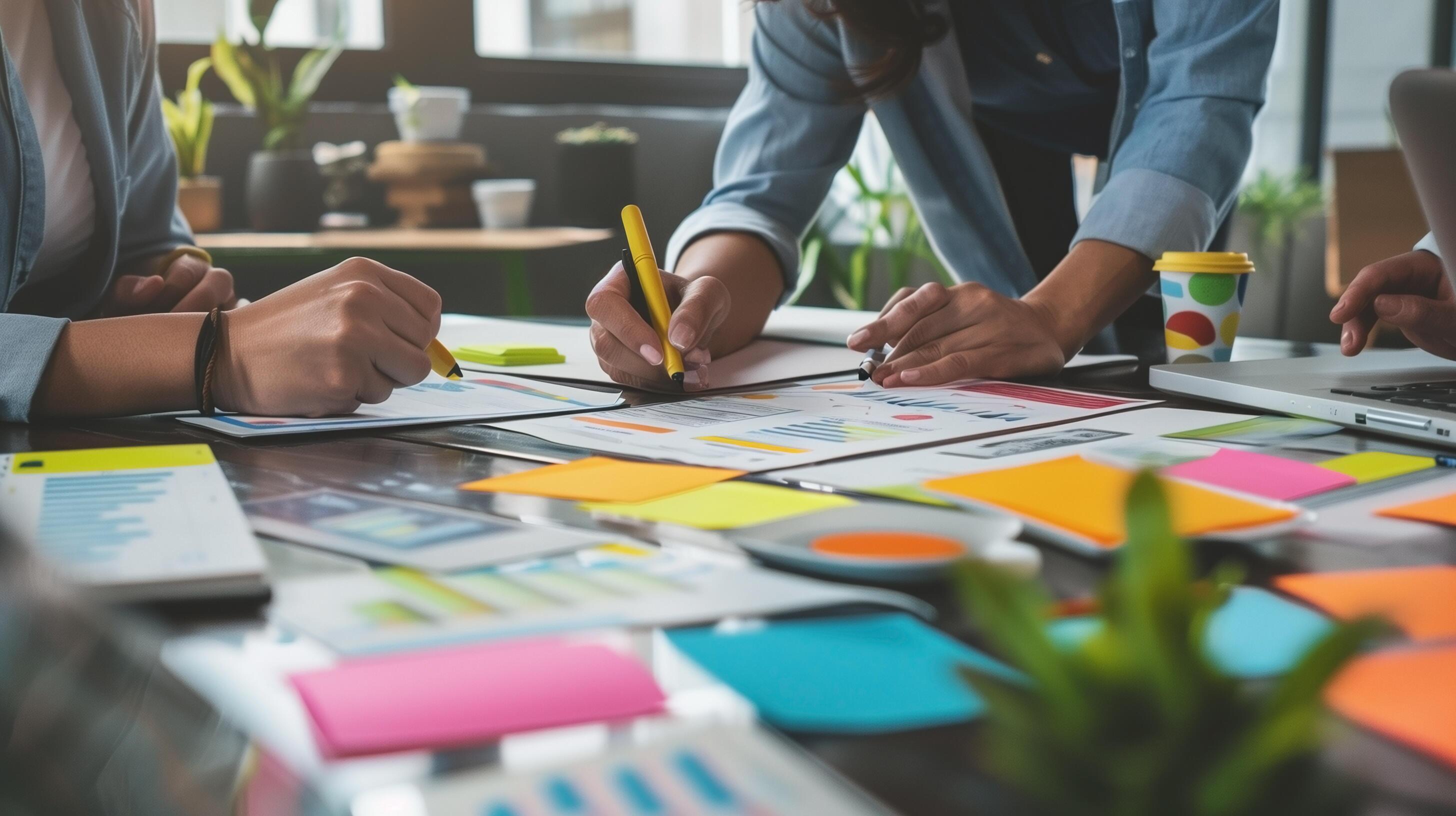 Business team brainstorms together using sticky notes on a whiteboard. Stock Free